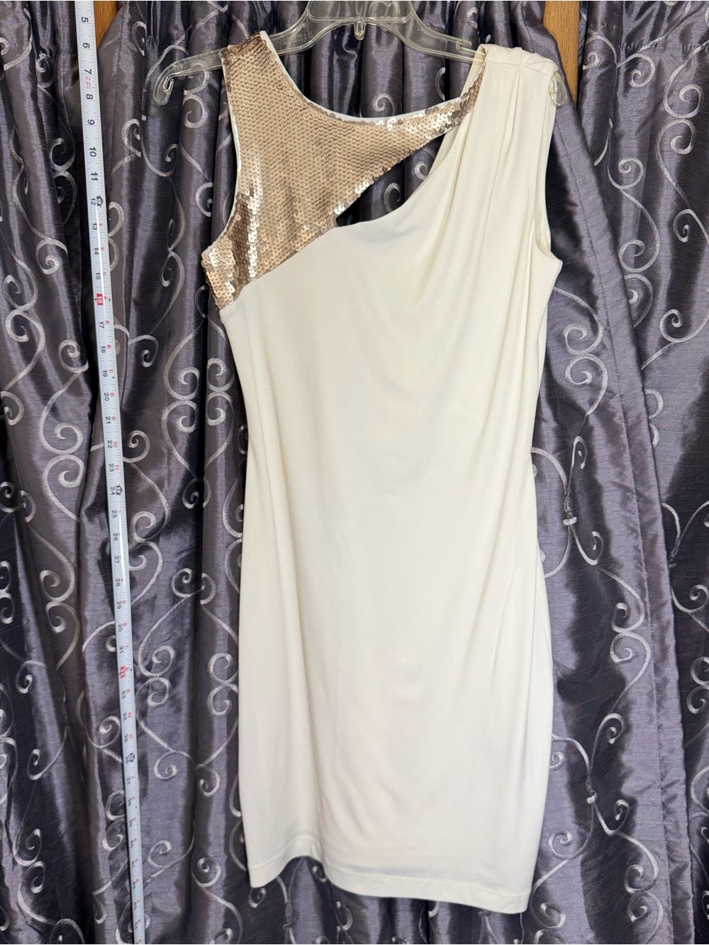 Jennifer Lopez Cream One-Shoulder Dress with Gold Sequin Detail
